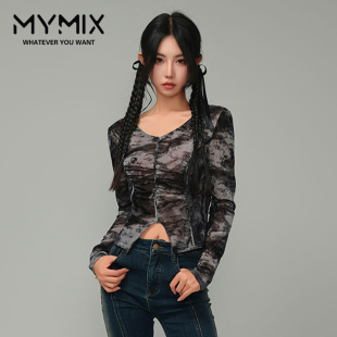 时尚 新款 单品扎染百搭打底衫 长袖 T恤 MYMIX我 短款 组合2024冬季