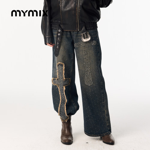 MYMIX女士水洗贴布高腰牛仔裤