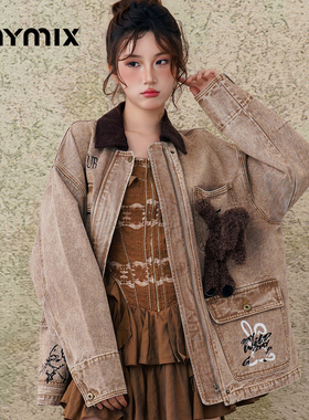 【25秋新品】MYMIX美式复古做旧水洗牛仔外套女宽松休闲工装夹克