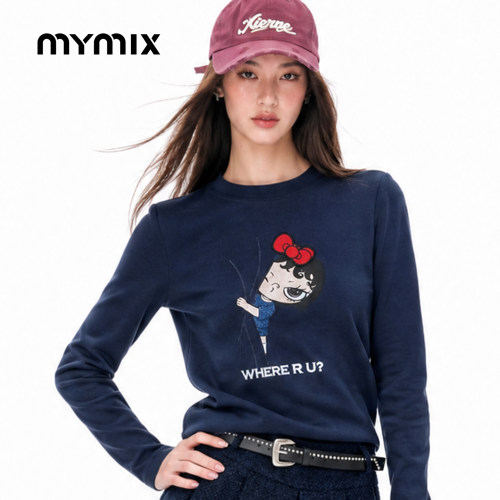 mymix卡通印花圆领长袖T恤女
