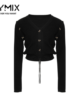 MYMIX我的组合2024秋季新款女装V领条纹纽扣黑色绑带长袖短针织衫