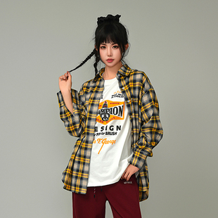 MYMIX复古格纹长袖衬衫女春宽松百搭蓝色衬衣美式外套上衣