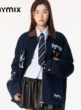 【26春新品】MYMIX潮流卡通印花撞色拼接翻领宽松休闲夹克外套女