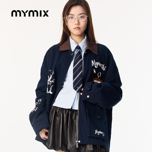 【26春新品】MYMIX潮流卡通印花撞色拼接翻领宽松休闲夹克外套女