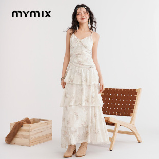 MYMIX小清新雪纺碎花吊带连衣裙收腰气质层次长裙 25秋新品