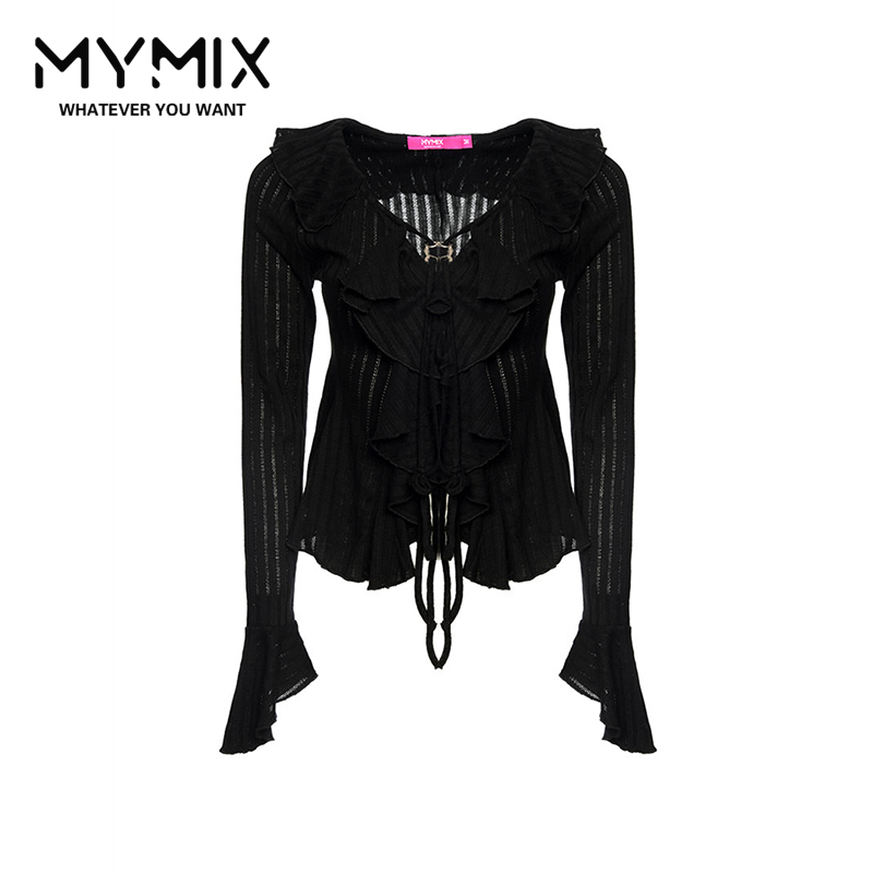 设计感v领喇叭袖毛针织衫