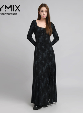 mymixMYMIX我的组合2024秋季新款方领赫本风黑色长袖开叉连衣长裙