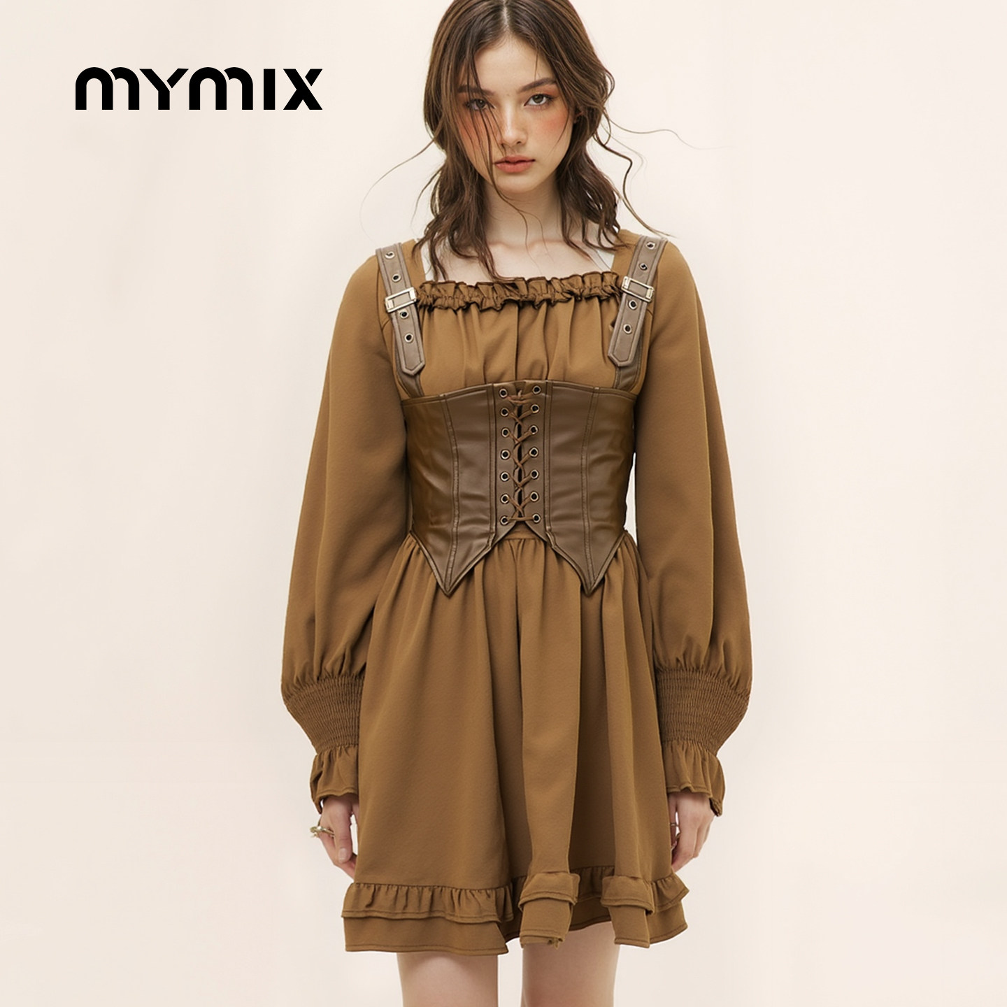 【25年冬季】MYMIX女士修身短款长袖连身裙马甲斜挎包三件套裙子