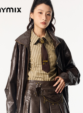 【26春新品】MYMIX女士时尚条纹修身短款长袖衬衫翻领休闲上衣