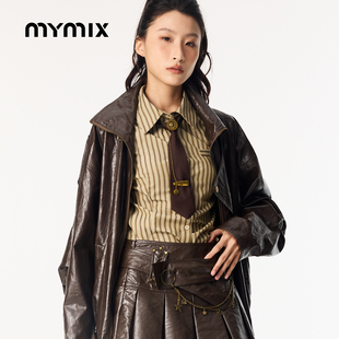 【26春新品】MYMIX女士时尚条纹修身短款长袖衬衫翻领休闲上衣
