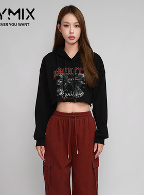 MYMIX我的组合2024秋季新款女装潮流创意图案黑色连帽长袖短卫衣