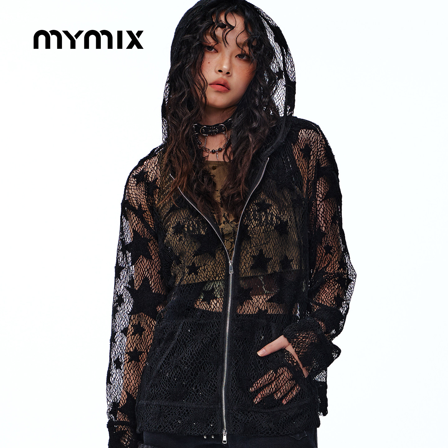 【26夏新品】MYMIX时尚潮流透视网纱廓形长款长袖连帽针织衫女装