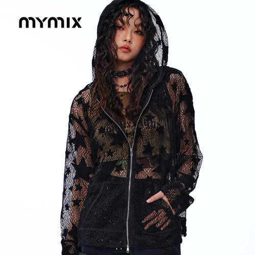 MYMIX夏季透视网纱连帽针织衫