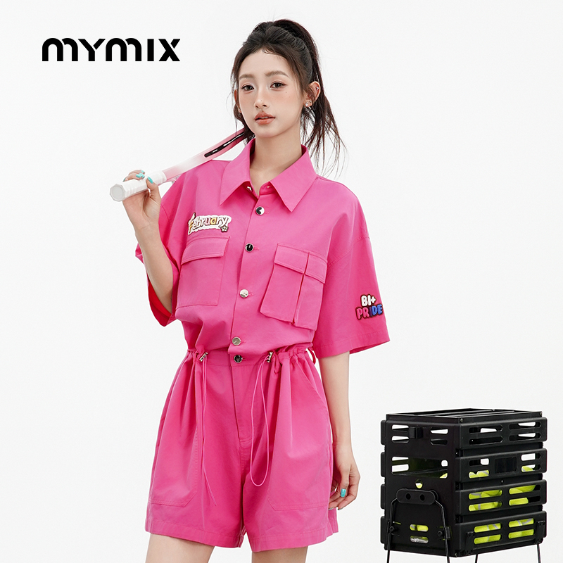 【25夏新品】MYMIX美式工装风字母刺绣抽绳高腰连体衣短裤短袖女