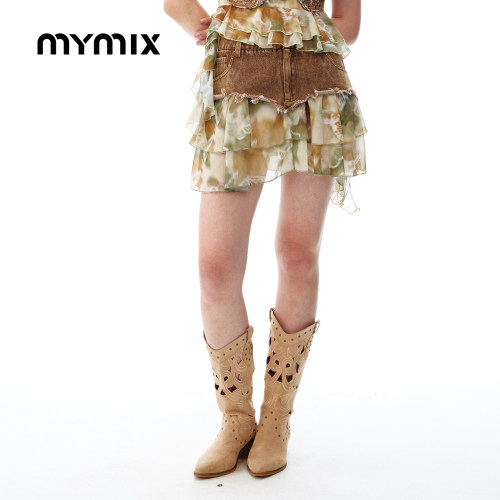 MYMIX夏季撞色拼接高腰短款半裙