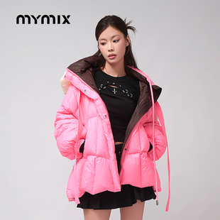 MYMIX冬季新款女士休闲时尚连帽羽绒服中长款宽松上衣外套面包服