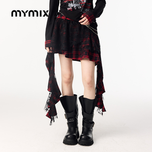 【26春新品】MYMIX朋克风格纹飘带高腰休闲短款不规则半身裙子女