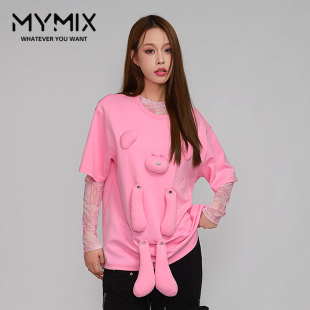 组合2024秋季 短袖 新款 设计感正肩圆领图案长款 T恤 女装 MYMIX我