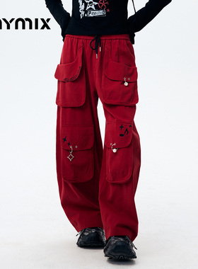 【26春新品】MYMIX个性时尚字母刺绣多口袋高腰休闲工装裤女装