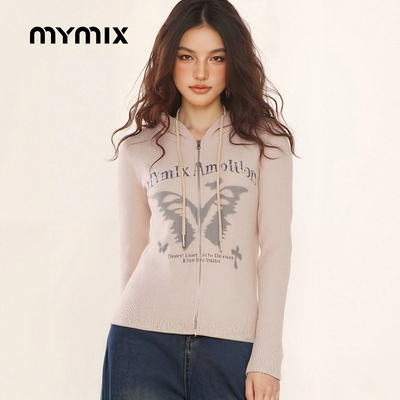 【25冬新品】MYMIX撞色连帽织开衫拉链女宽松休闲慵懒风毛衣外套