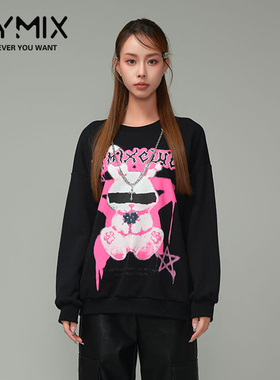 MYMIX我的组合2024冬季新款时尚圆领黑色宽松图案连帽长卫衣