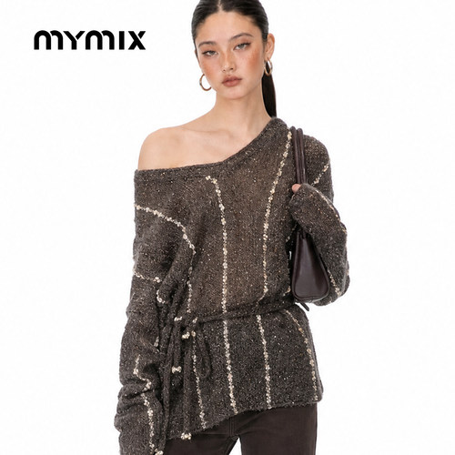 mymixV领条纹针织衫冬季新款