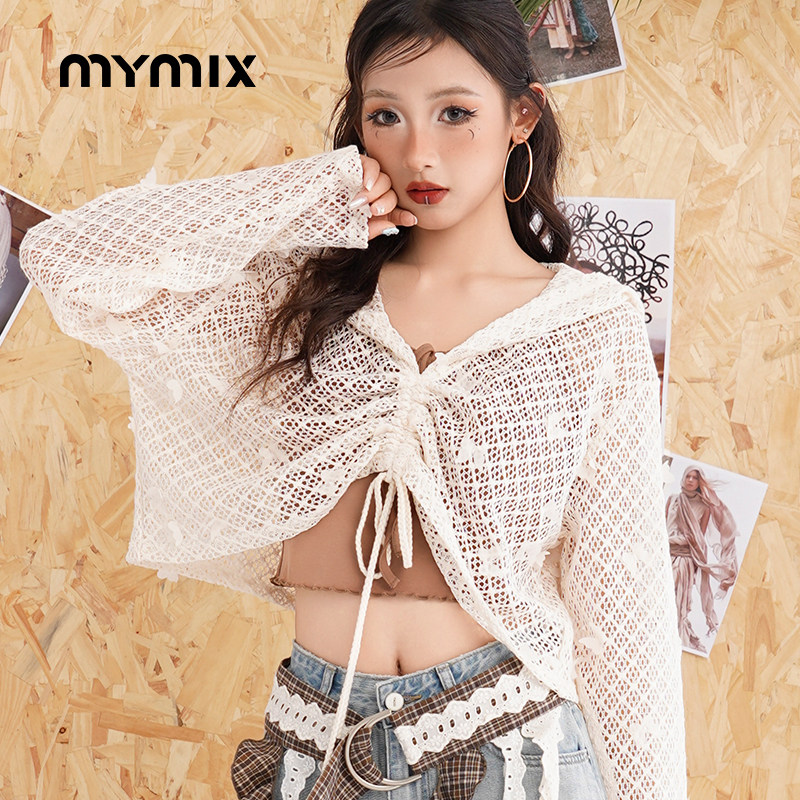 【25秋新品】MYMIX蕾丝镂空连帽针织衫绑带两件套个性针织罩衫