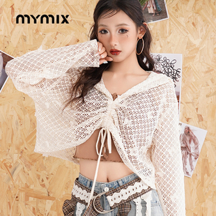 针织罩衫 25秋新品 MYMIX蕾丝镂空连帽针织衫 绑带两件套个性
