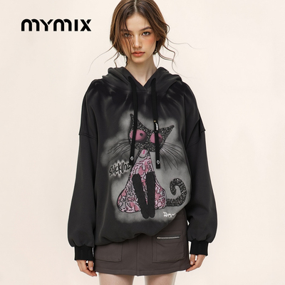 【25冬新品】MYMIX美式复古猫咪印花连帽卫衣宽松休闲慵懒上衣女