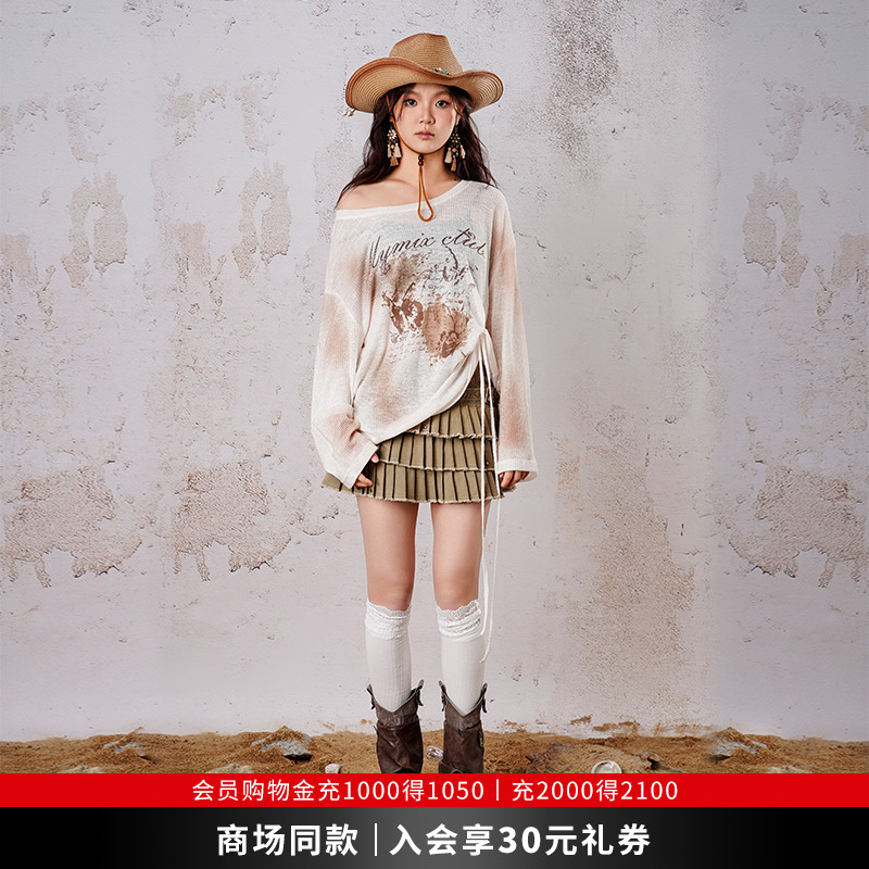 mymix个性长袖T恤女夏季新款2025少女甜酷亚麻大圆领印花体恤上衣