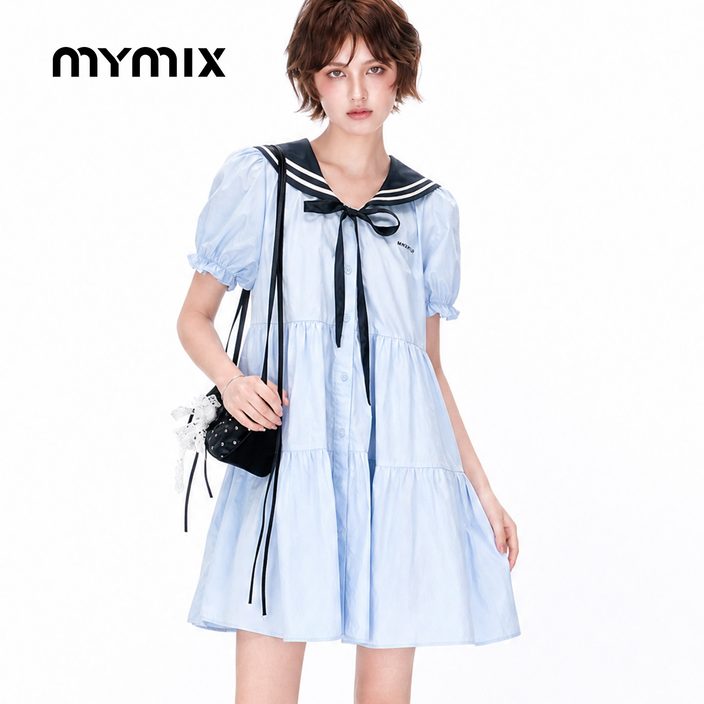 mymix26秋季海军领荷叶边连衣裙图片