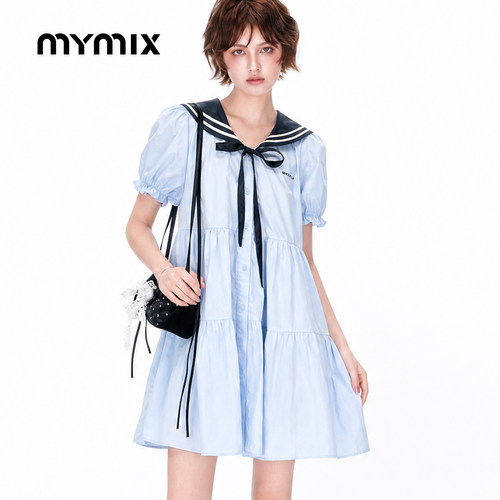 mymix26秋季海军领荷叶边连衣裙