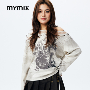 【26春新品】MYMIX潮流风格休闲字母印花斜肩廓形宽松长袖T恤女装
