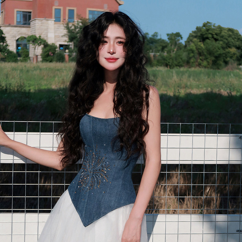 ChicNaNa「绽放」烫钻牛仔显瘦高级感抹胸上衣修身鱼骨胸衣外穿,女装/女士精品,抹胸,淘宝优惠券,粉丝福利购,淘宝优惠卷