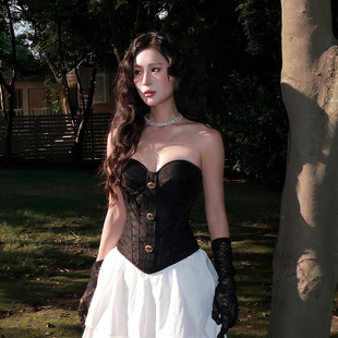 ChicNaNa「夜宴」黑色提花显瘦高级感抹胸上衣修身鱼骨胸衣外穿