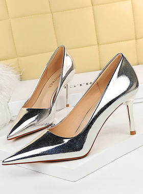9236-8欧美风时尚宴会高跟鞋女鞋金属跟细跟浅口尖头夜店性感单鞋