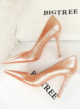 3391-9复古欧美风优雅宴会高跟鞋女鞋细跟超高跟浅口尖头高跟单鞋