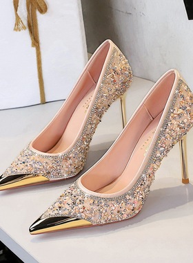 3739-37欧美风细跟水钻高跟鞋金属尖头女鞋浅口一脚蹬水晶单鞋女