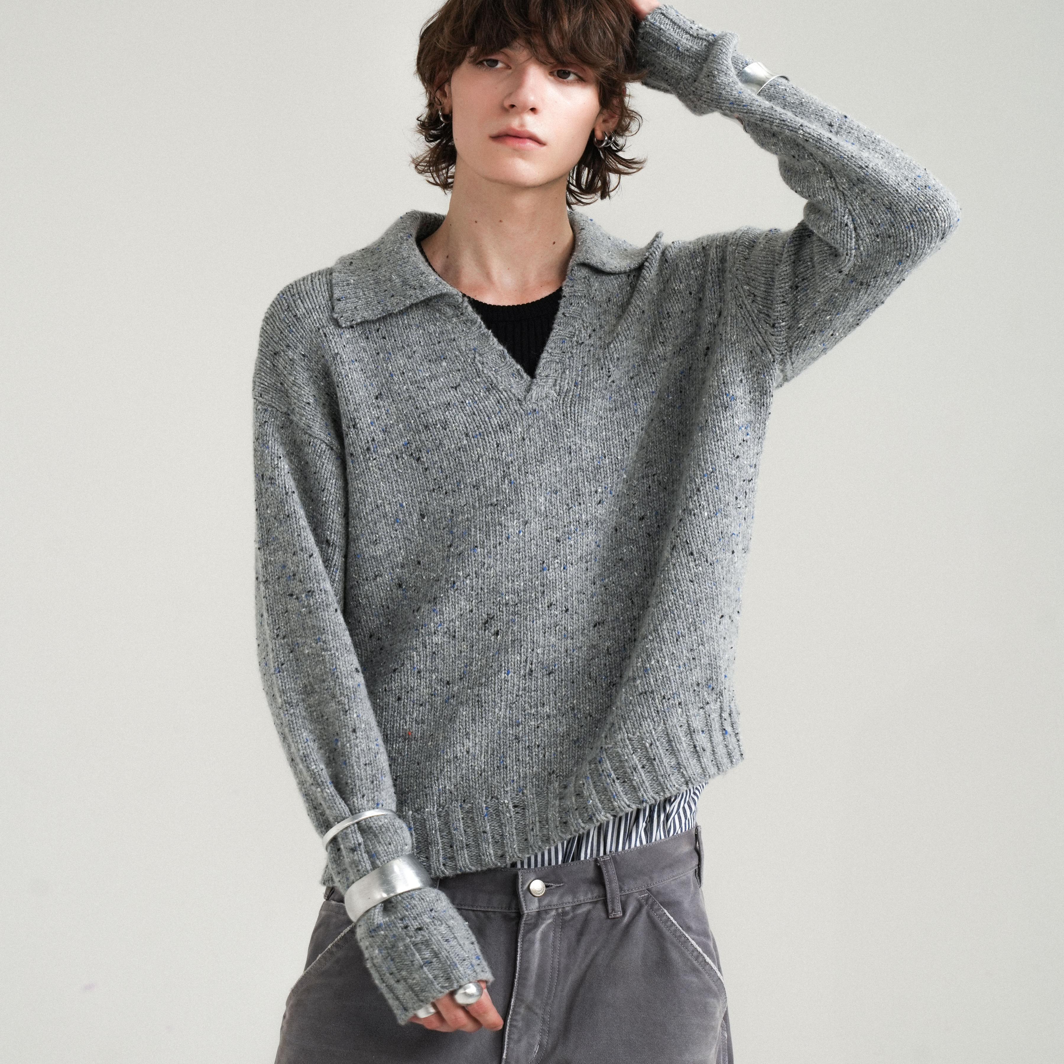 RETRO21灰色羊毛polo彩点毛衣