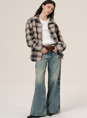 Retro 21 R21  日本进口法兰绒卡其蓝格纹洗水绒感毛边长袖衬衣