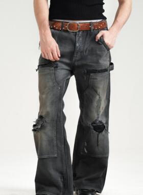 Retro21 R21 成衣染色破坏补丁双膝直筒微喇伐木裤