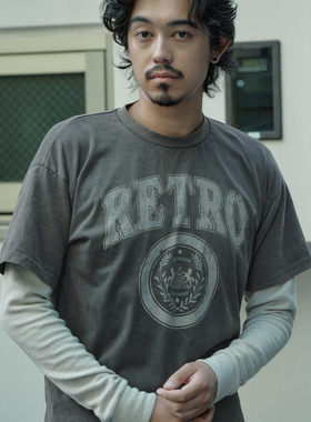 Retro 21 R21 洗水染色大学图案印花假两件拼接华夫格长袖tee