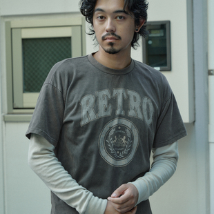 洗水染色大学图案印花假两件拼接华夫格长袖 R21 tee Retro