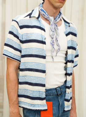 Retro 21 R21 春夏新款 撞色条纹翻领双色针织短袖夏季衬衣