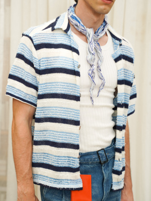 Retro 21 R21 春夏新款 撞色条纹翻领双色针织短袖夏季衬衣