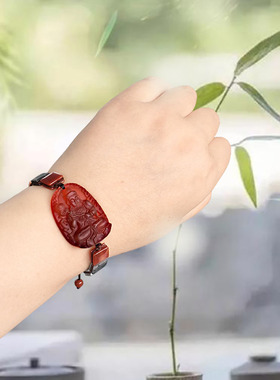 原创天然磨砂红玛瑙多宝五行佛菩萨手牌小众复古抽拉编绳手链男女