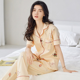 100%纯棉睡衣女夏季 开衫 短袖 春秋款 甜美家居服外穿 长裤 2023新款