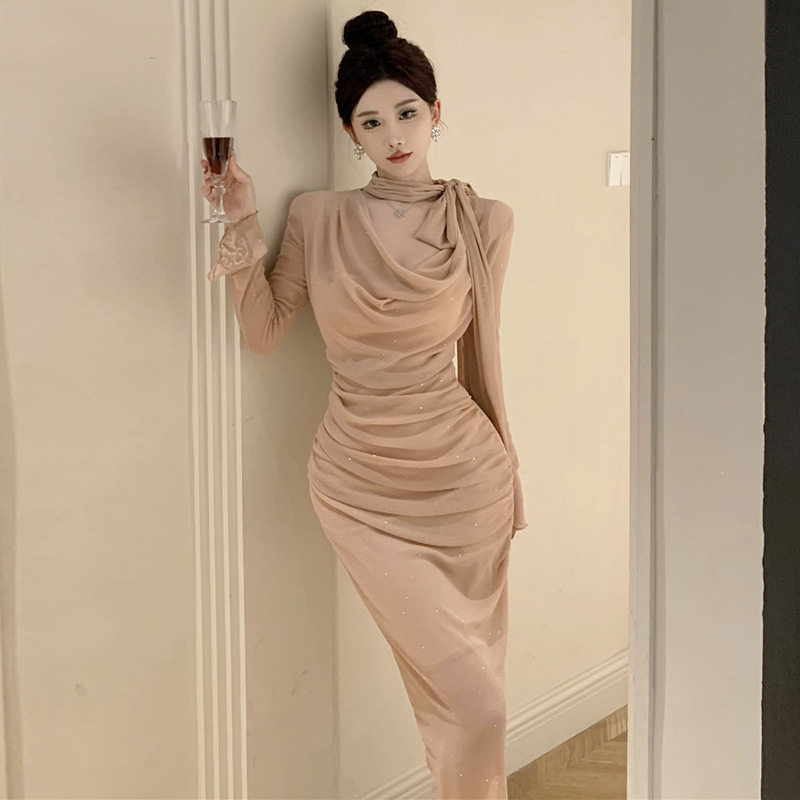 5326欧美东南亚外贸批发2026女装气质蝴蝶结系带褶皱显瘦连衣裙女