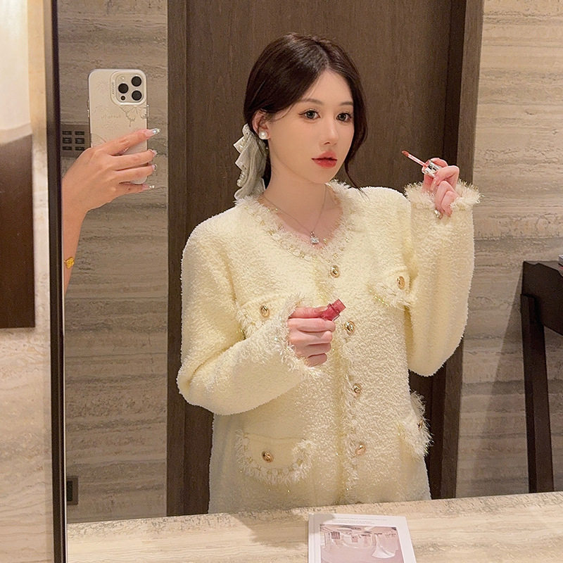 小香风睡衣女2025秋冬新款半边绒米白色金丝高级感保暖家居服批发
