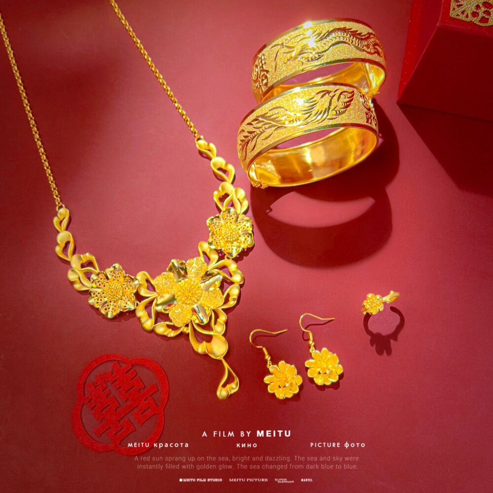 镀黄金色花朵沙金项链结婚道具仿真假三金新娘五金轻薄款龙凤手镯